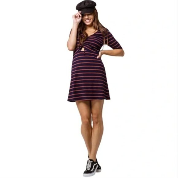 Social Gypsy Striped Cutout Tie Waist Dress S Navy Blue & Coral Red #24J - Picture 2 of 10